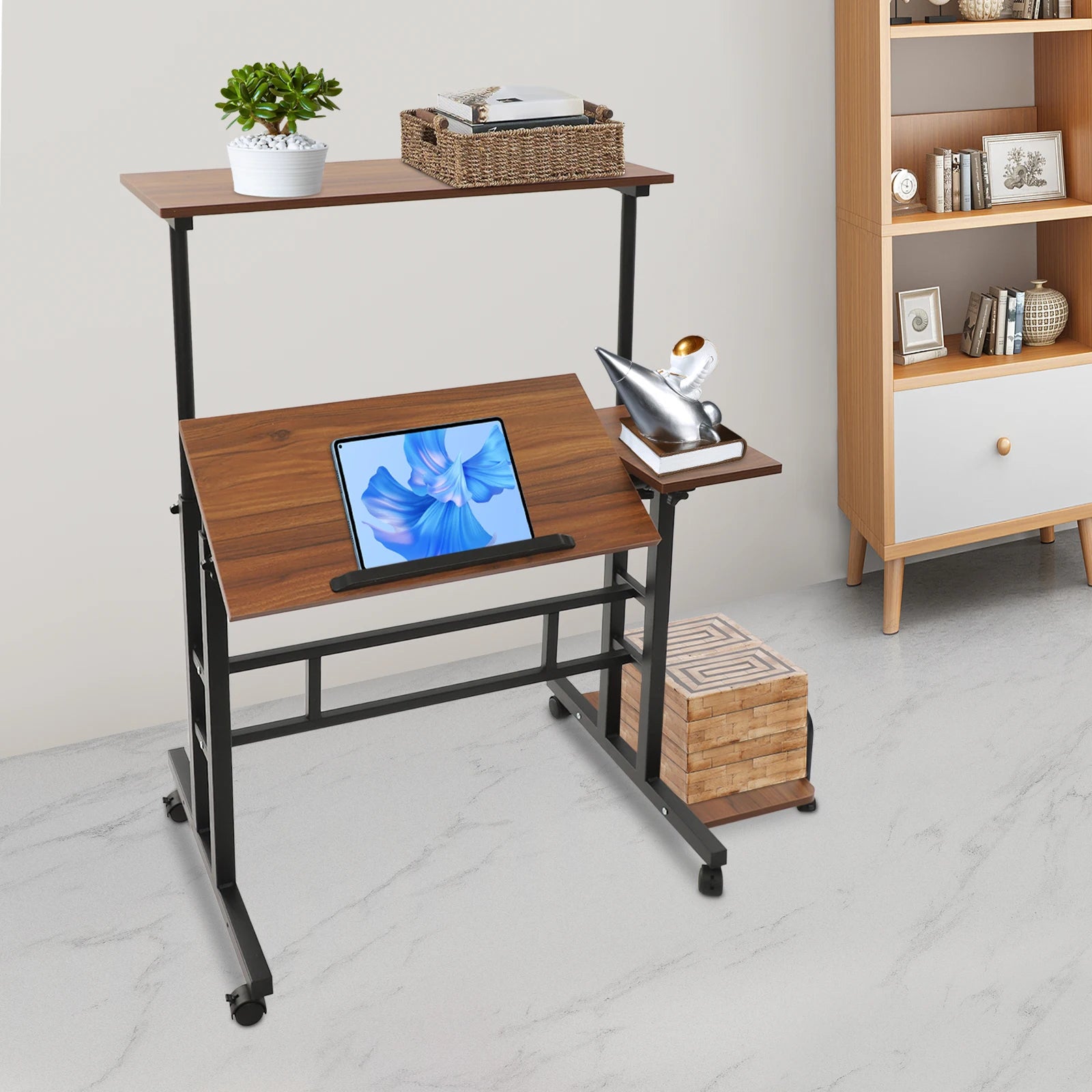 Height Adjustable 67-115CM Double Board Foldable Small Desk, Simple Office Multifunctional Computer Desk, Walnut Color