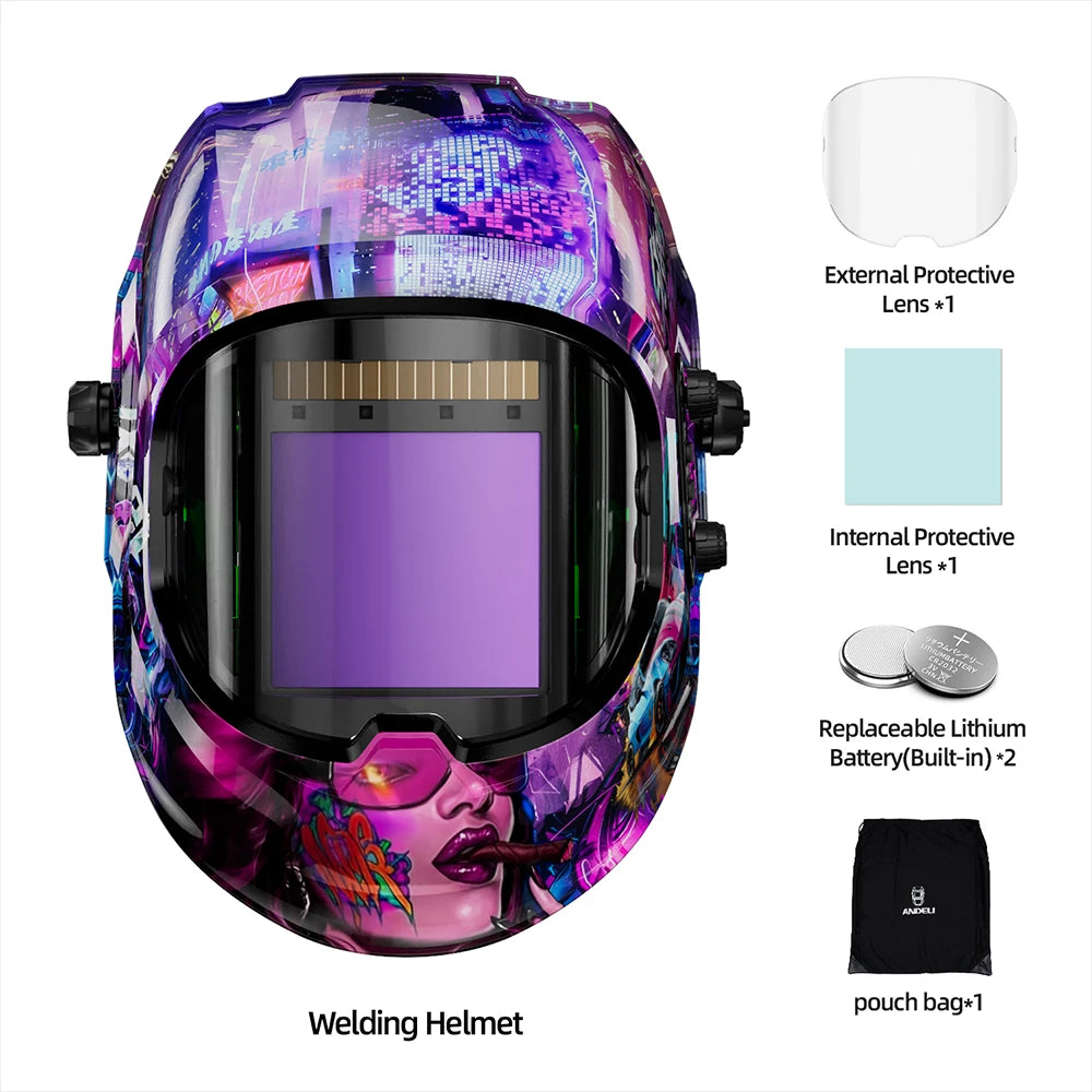 ANDELI Welding Helmet with LED Light Panoramic Large Viewing Screen 3.94"X3.74"True Color Auto Darkening Welding Mask for Weld