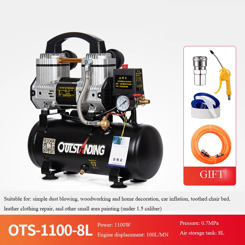 220V 8L Industrial Air Compressor Silent Oil-Free Air Compressor High-pressure Air Pump Low noise Car Air Compressor