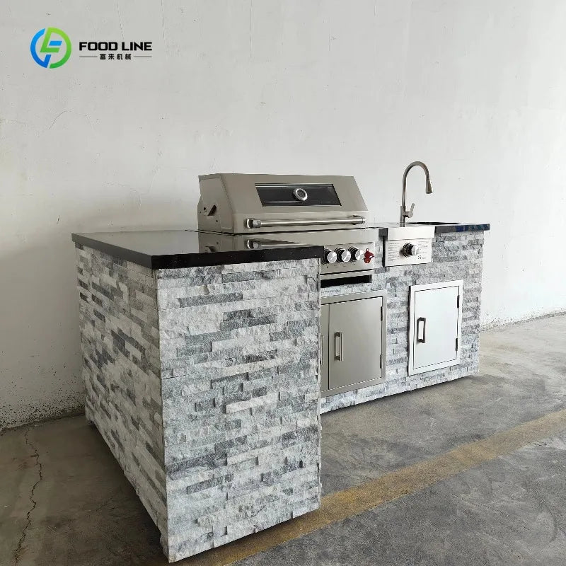 Natural Stone-Inspired Outdoor DIY BBQ Kitchen Equipped with Sink Chilled Storage for BBQ Grills for Family Party