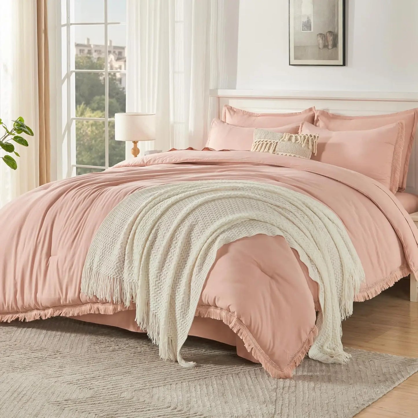 Comforter Set King Size, with Sheets 7 Pieces Boho Tassel Bed in a Bag Soft Lightweight Bedding Sets, All Season Fringe Bed Set
