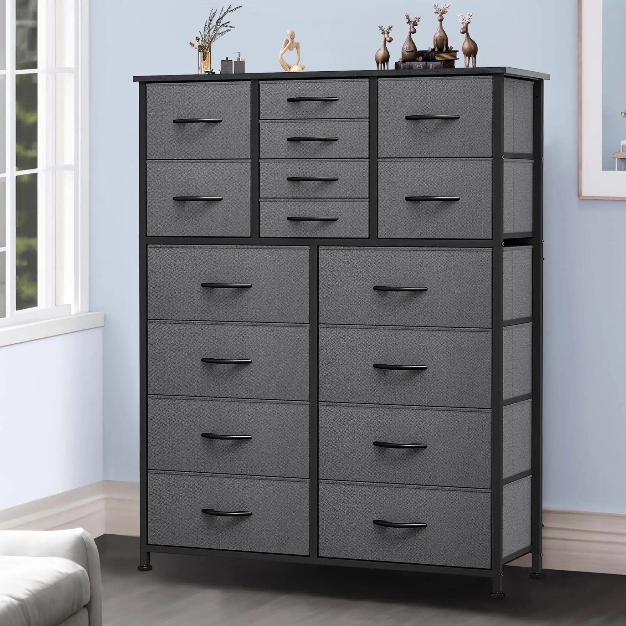 16-Drawer Fabric Dresser for Adults & Teens, Storage Chest for Bedroom & Closet – Black Gray