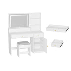 Vanity Desk with Mirror and Lights, LED Dressing Table with Vanity Chair Power Outlet, Lighted Makeup Vanity Desk with 2 Drawers