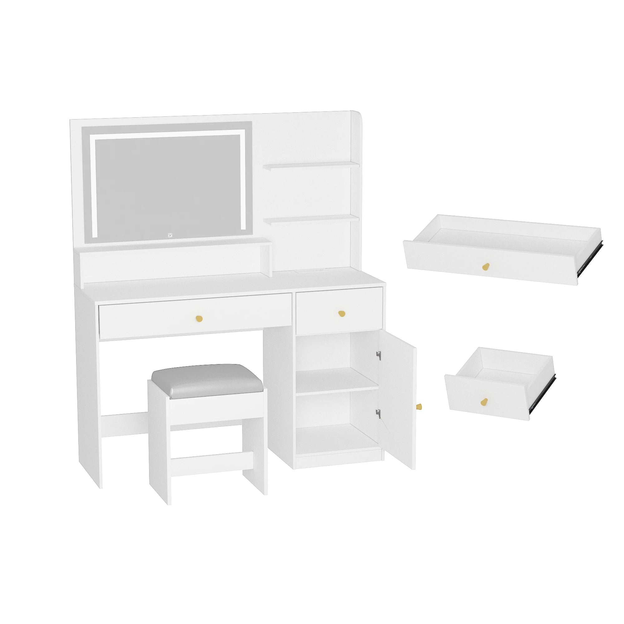 Vanity Desk with Mirror and Lights, LED Dressing Table with Vanity Chair Power Outlet, Lighted Makeup Vanity Desk with 2 Drawers