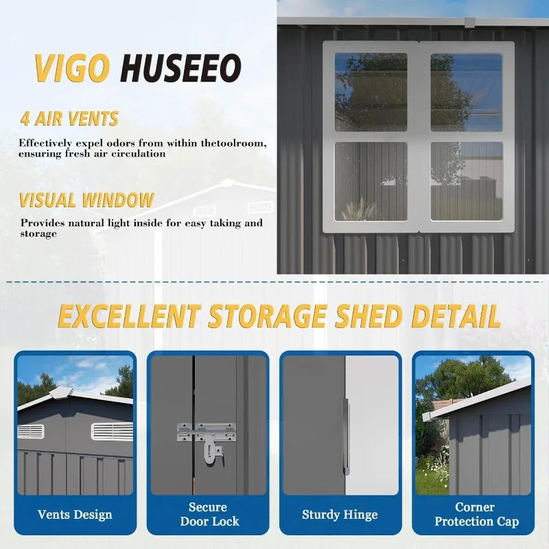 10x14ft Outdoor Storage Shed, Galvanized Steel with Lockable Door
