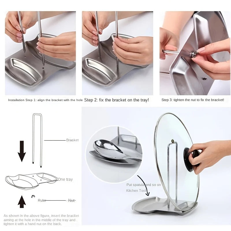 Kitchen Countertop Pot Lid And Spoon Rest Stainless Steel Holder Rack With Draining Tray Utensil Storage Stand Washing Basket