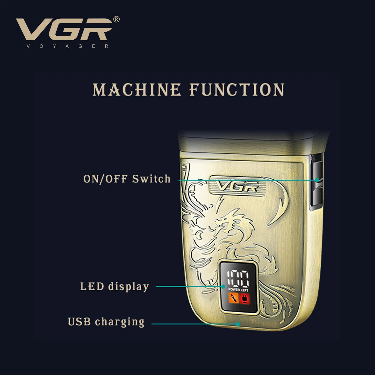 VGR Retro Metal Shaver Three Blade Deep Cleaning Shaver Embossed Body Intelligent Digital Hair Trimmer Hair Whitening V-349