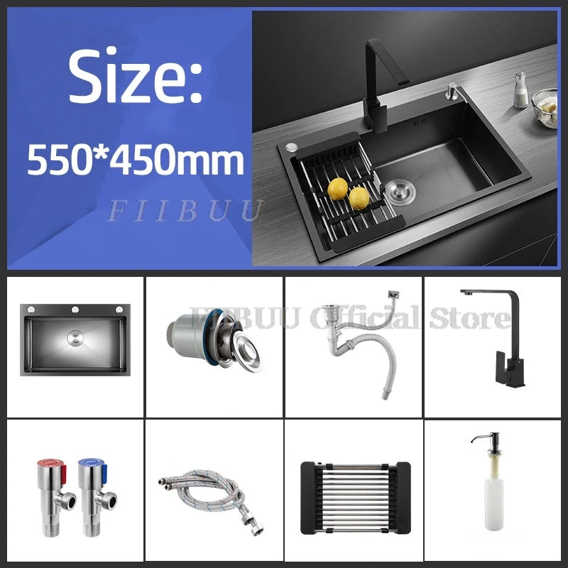 Black Nano Wash Basin Single Sink creative Stainless Steel Kitchen Sinks Drain Set Home Handmade Wash Basin Kitchen Accessories
