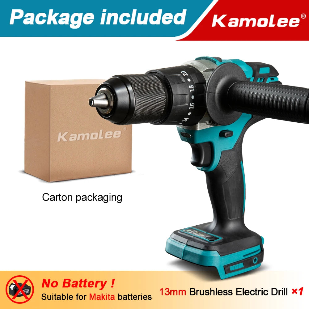 Kamolee 13MM New Brushless Electric Impact Drill Cordless Screwdriver Lithium Battery Charging Hand Drill For Makita 18V Battery