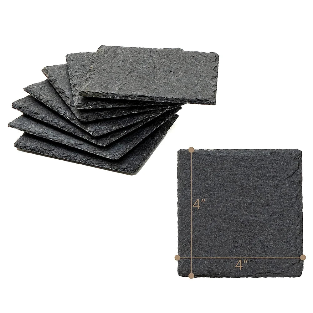 8pcs Engraving Blank Square Slate Stone Coasters 4in Black Drinks Coasters with Bottom and Holder Wedding Anniversary Party Gift
