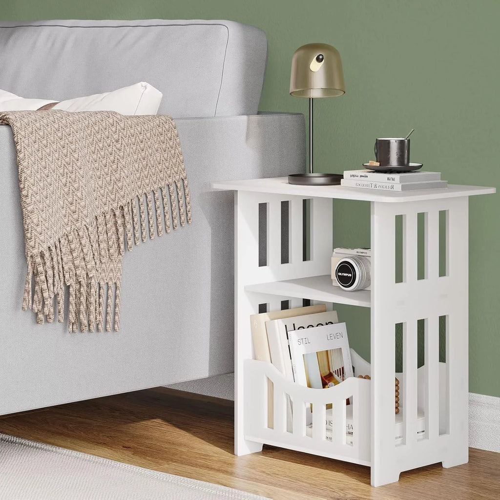 White Bedside Table B, Small End Table with Storage Shelf Basket, Side Table Small Spaces, Slim Coffee Tables, White Nightstand
