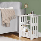 White Bedside Table B, Small End Table with Storage Shelf Basket, Side Table Small Spaces, Slim Coffee Tables, White Nightstand