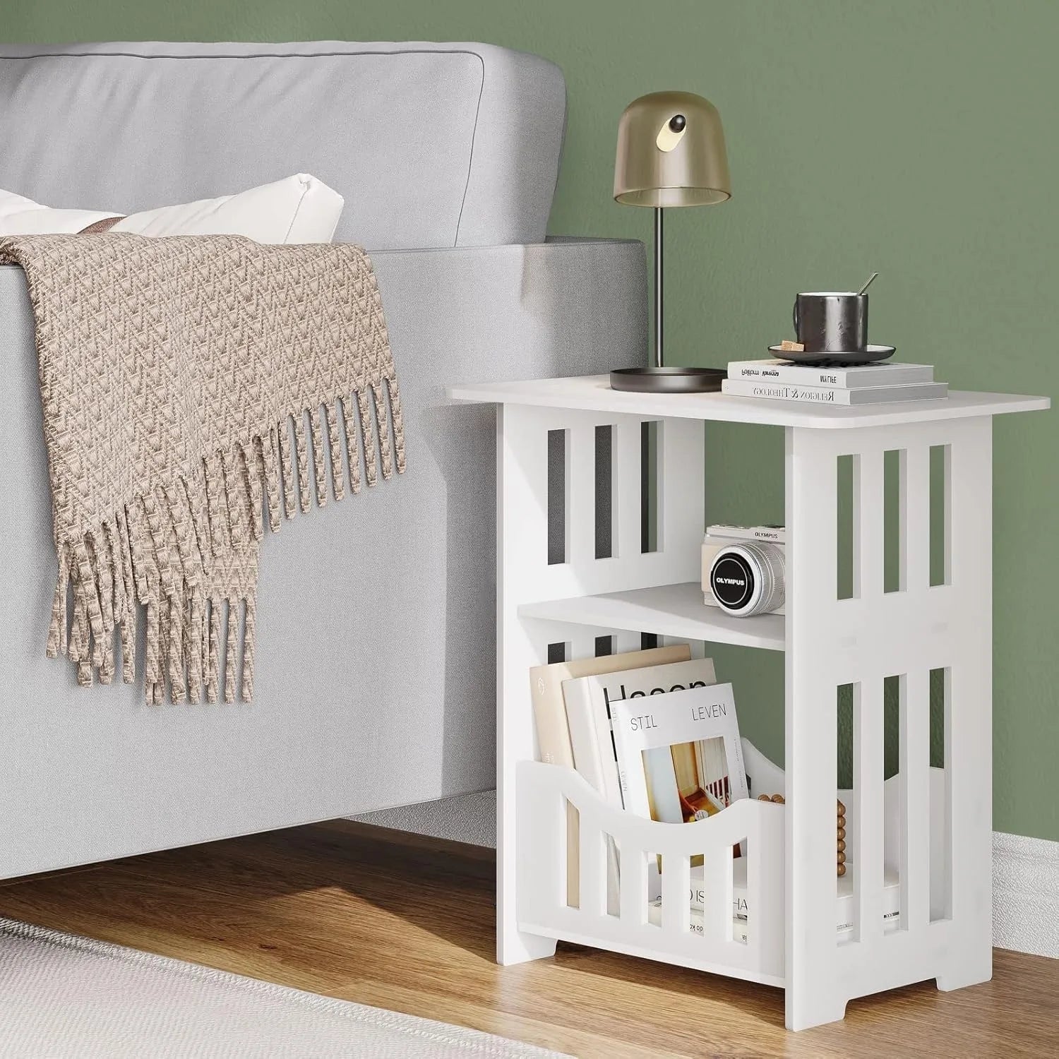 White Bedside Table B, Small End Table with Storage Shelf Basket, Side Table Small Spaces, Slim Coffee Tables, White Nightstand