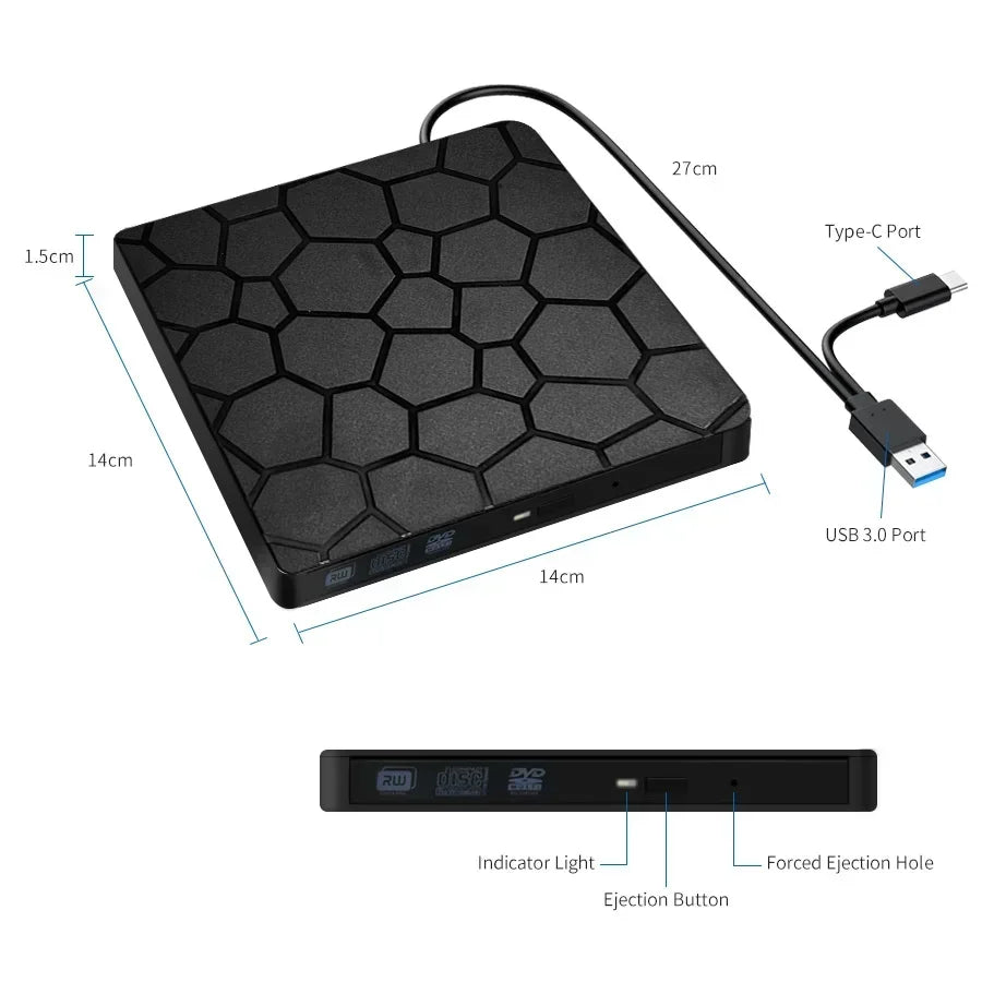 USB 3.0 Type-C CD Player DVD Burner 2-in-1 External Optical Drives Portable CD-RW DVD-ROM Writer Reader Recorder for PC Desktop