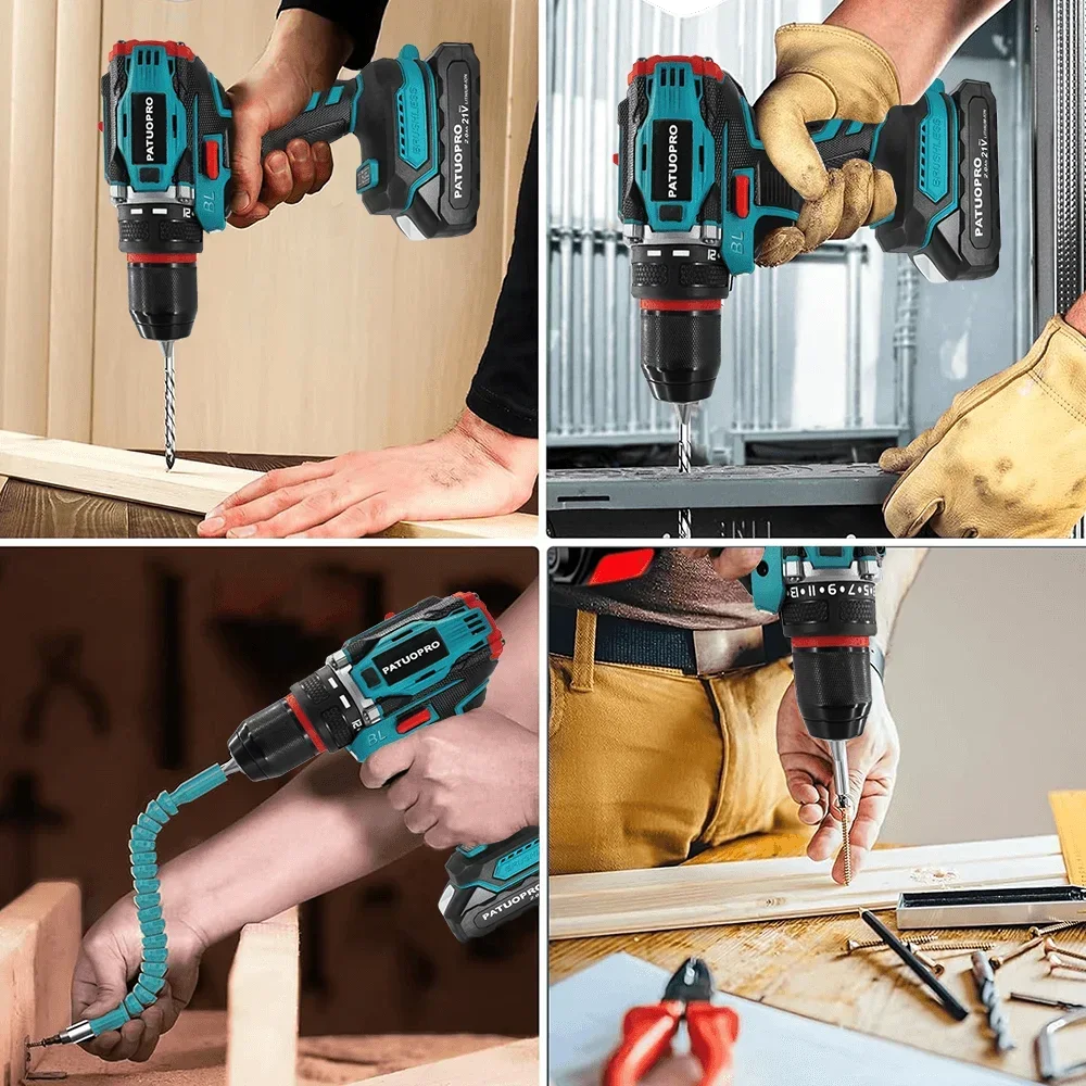 PATUOPRO 10mm Cordless Brushless Electric Drill 2-Speed Metal Chuck Drill Screwdriver Home DIY Power Tool For Makita 18V Battery