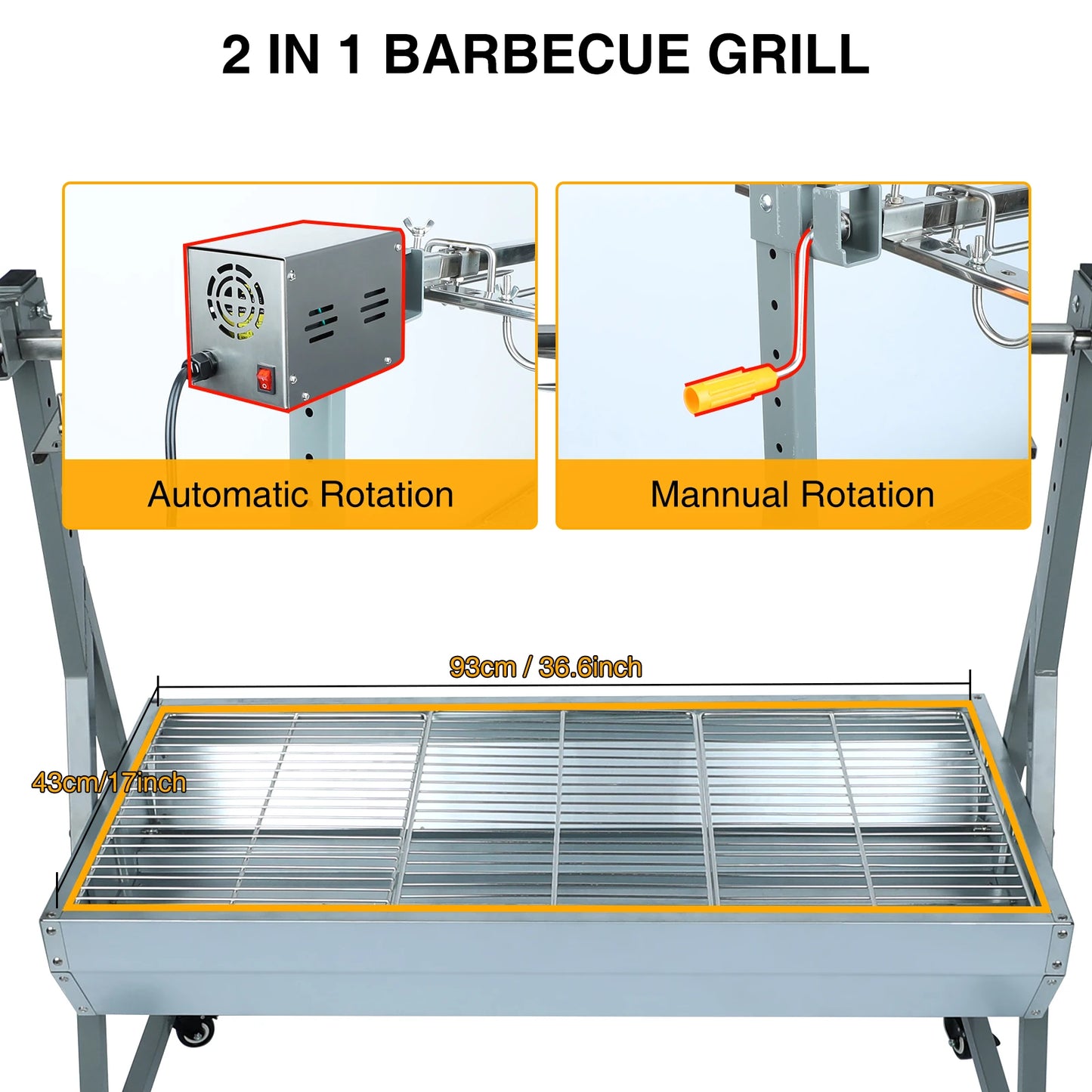 25W Motor Pig Lamb Rotisserie Roaster, 60kg BBQ Charcoal Rotisserie Grill for Outdoor Camping Kitchen | AlluCanFind