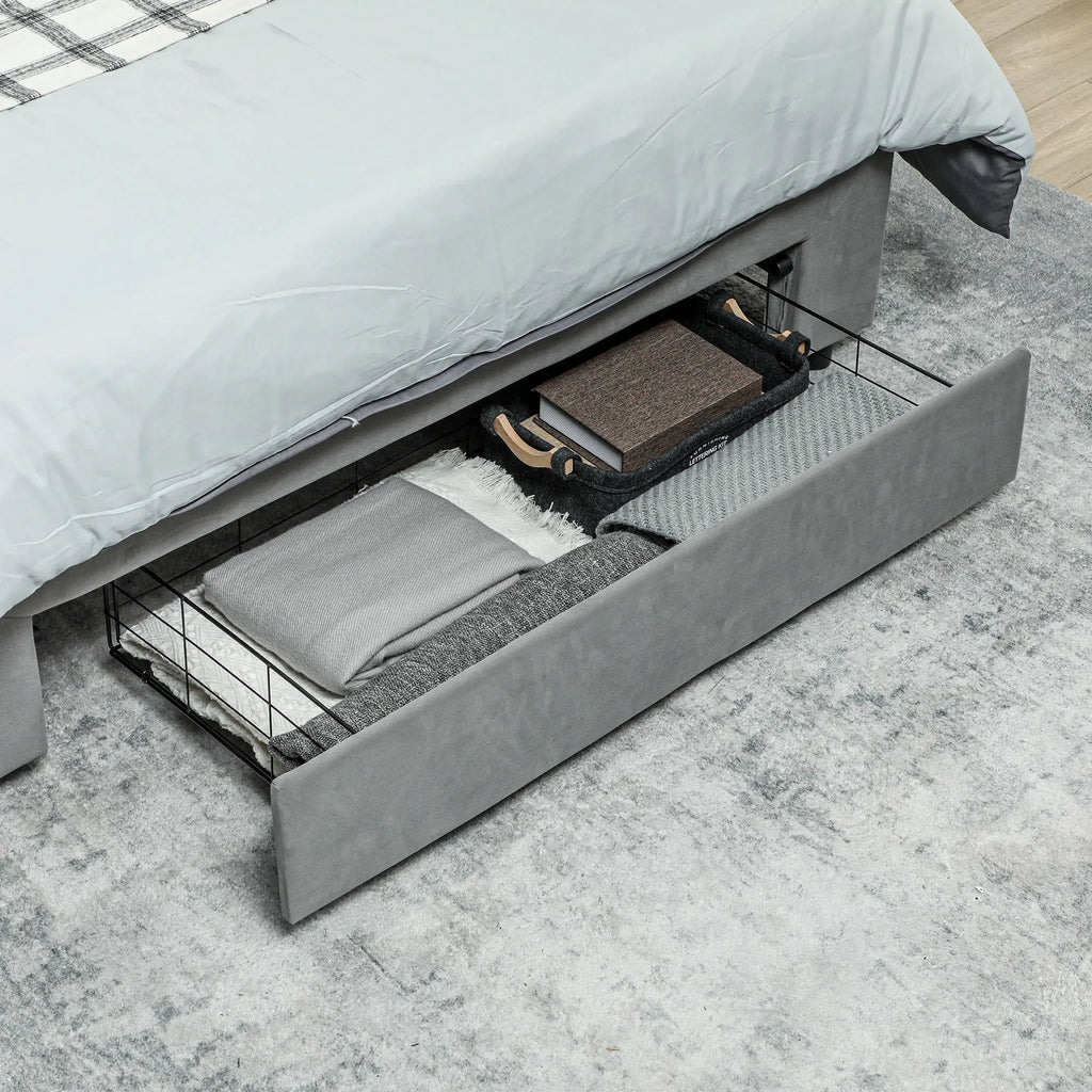 HOMCOM Double Bed Frame with Storage and Adjustable Velvet Headboard