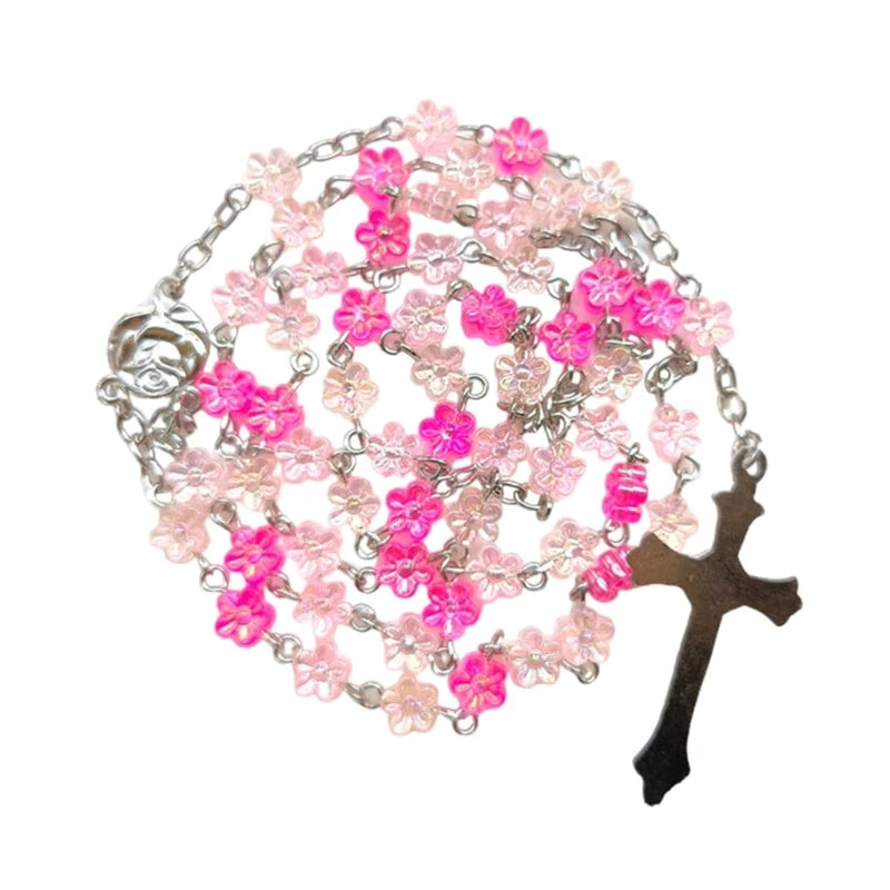 Flower Beads Crosses Rosary Necklace Hangable Pendants Long Chain for Womens Men Religious Neckchain Praying Meditations