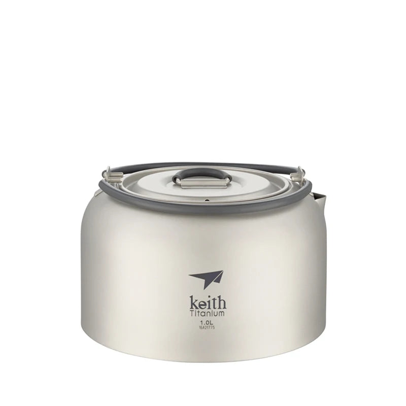 Keith Titanium Kettle 1L, Bacteriostatic Flatware, Ultralight Outdoor Camping Tableware Coffee Kettle, Travel Cookware Pot