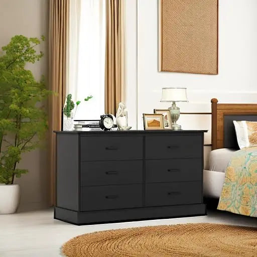 Black 6 Drawer Double Dresser for Bedroom, Wood Storage Tower Clothes Organizer, Wide Chest of 6 Drawers, Large Storage Cabinet