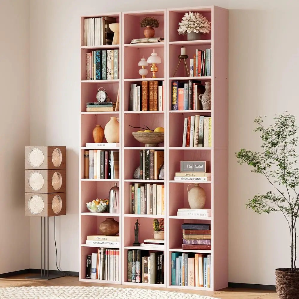 IRONCK Tall Narrow Bookshelf 8 Tiers, Compact Corner Bookcase, Easy to Match for Living Room, Office, Study, Bedroom, Pink