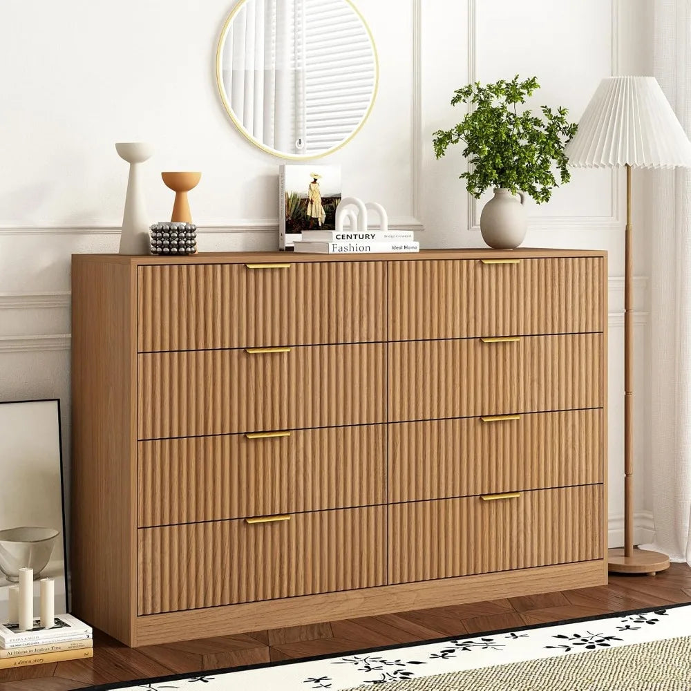 8 Drawer Dresser for Bedroom, Modern Fluted Double Dresser, 55" Wide Chest of Dressers, Mid Century Wooden Beside Table for Clos