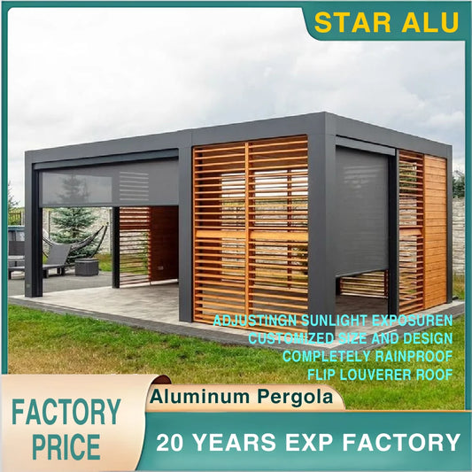 Premium Motorized Aluminum Pergola with Privacy Folding Screens and Glass Wall Enclosures – Outdoor Garden or Patio Shad