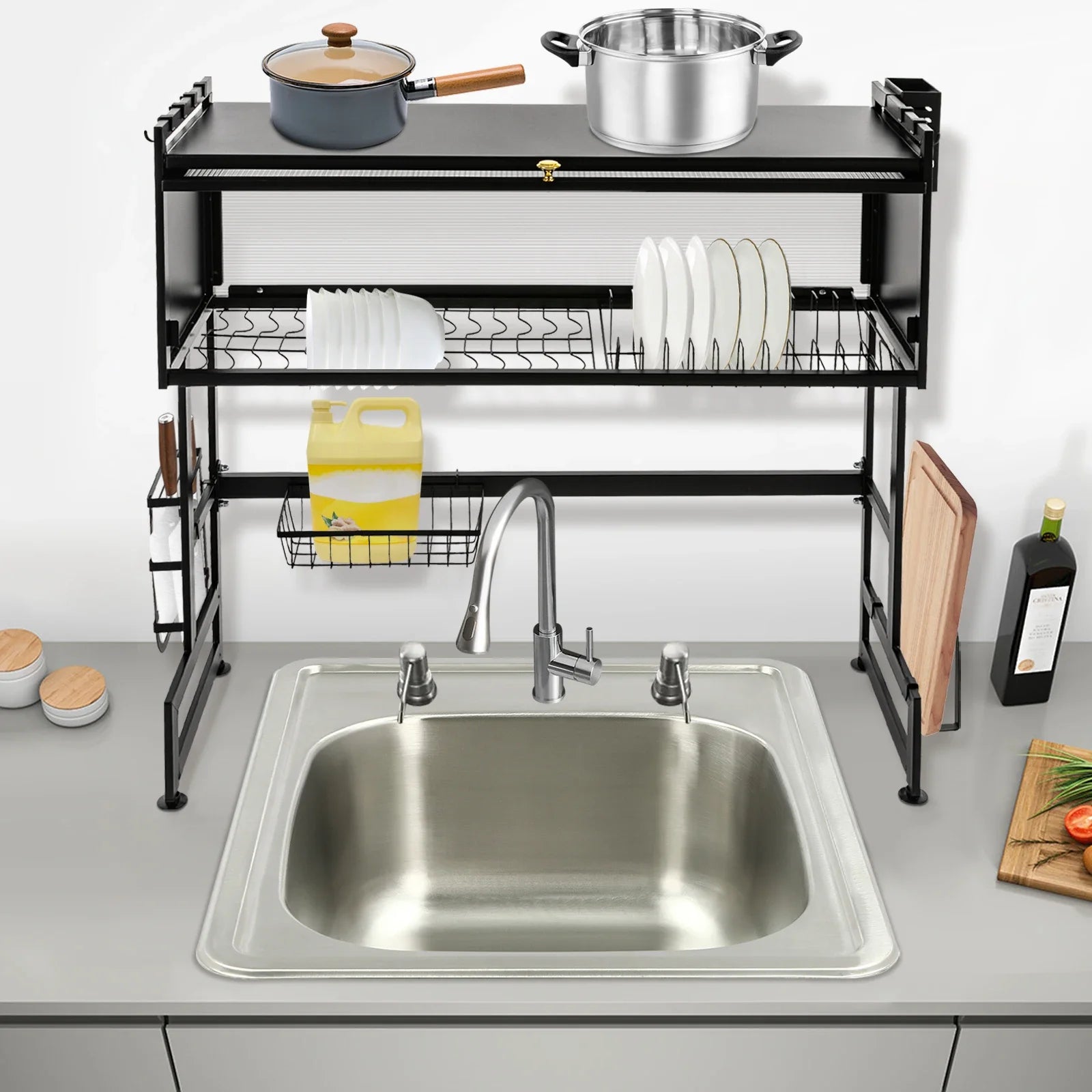 2-Tier Carbon Steel Cutlery Drainer & Dish Drying Rack | 20kg Load-Bearing, Over-Sink Mount (Black, 13.9lbs Lightweight)