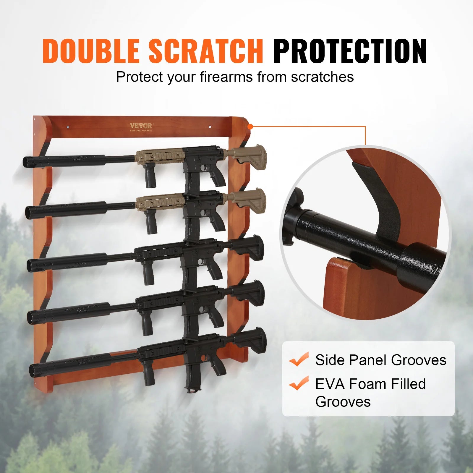 VEVOE Gun Rack Wood Gun Rack Wall Mount Gun Display Rack holds 4/5 Rifles Shotguns 132 lbs Heavy Duty Rifle Rack w/ Soft Padding