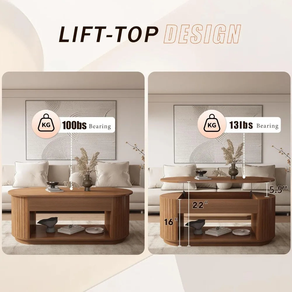 47-Inch Lift Top Wood Coffee Table with Hidden Storage Compartment and Open Shelf for Living Room, Fluted Oval Center Tea Table