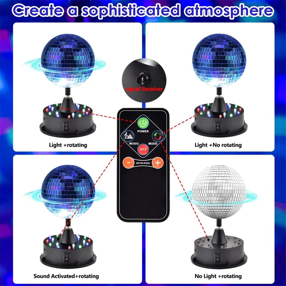 A20M Rotating 5in Disco Ball Party Lights with Remote, 6-12RPM Adjustable Disco Ball,18 LEDs DJ Light,Hanging and Table 2 Use