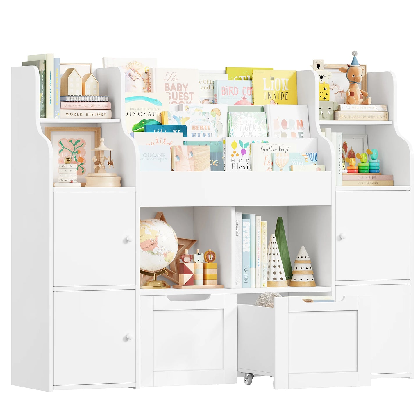 Getone CHILDREN'S room, children's shelf furniture, toys chest, Bookcase, CHILDREN'S wardrobe with 13 shelves 2 doors 2 drawers 122x30x100cm