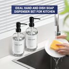 Clear Glass Soap Dispenser Set for Bathroom, Kitchen Liquid Hand Dish Soap Dispenser with Stainless Steel Pump, 2pcs 16 Oz 500ml