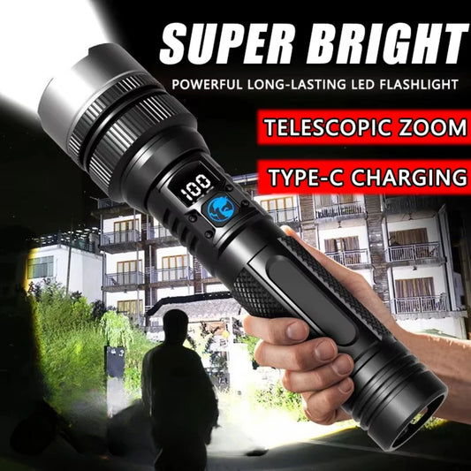 Powerful LED Flashlight - Zoom & Digital Display, USB-C Rechargeable for Camping & Hiking | AlluCanFind