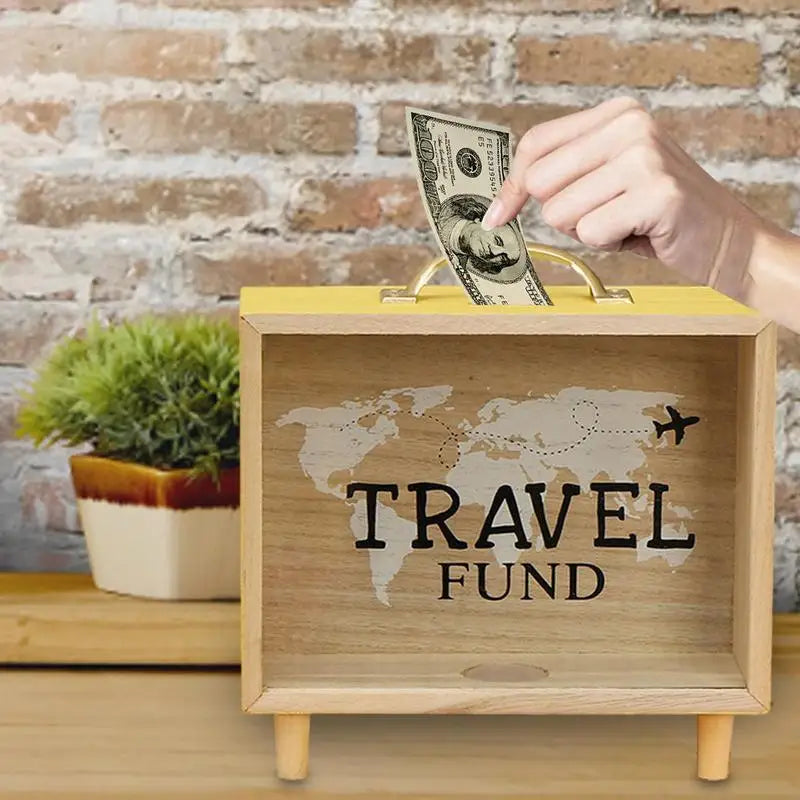 Money Saving Jar Travel Fund Piggy Bank Wooden Suitcase Bank Counting Money Jar Funny Money Bank Desktop Decor Ticket ShadowBox
