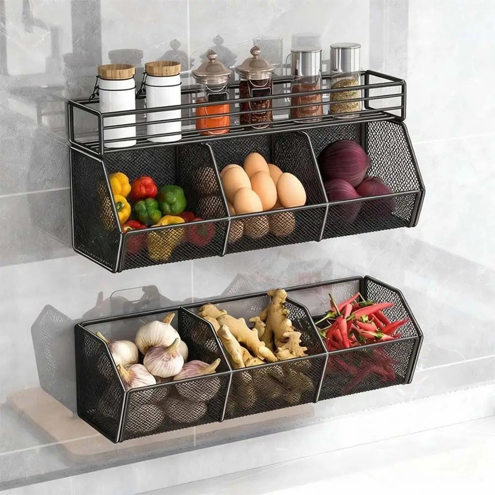 Wall Mounted Kitchen Storage Basket Punch-Free Carbon Steel Vegetable Drainage Basket Grid Onion Ginger Garlic Rack