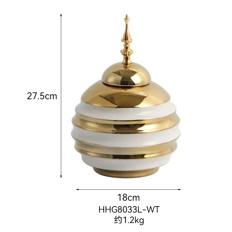 Gold Ceramic Vase Ginger Jar Storage Jar Vintage Porcelain Vase Peaked Lid Storage Tank Flower Vase Dining Table Home Decoration