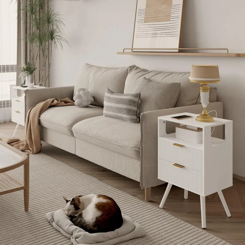 White Nightstand with Charging Station and Lights,Modern Bedside Table with 2 Storage Drawer and Open Wood Shelf