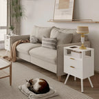 White Nightstand with Charging Station and Lights,Modern Bedside Table with 2 Storage Drawer and Open Wood Shelf