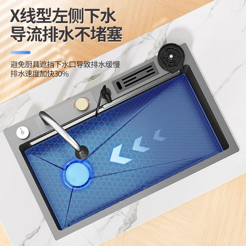 Kitchen 304 Stainless Steel Flying Fish Waterfall Vegetable Basin, Household Dishwasher Sink, Large Single Sink