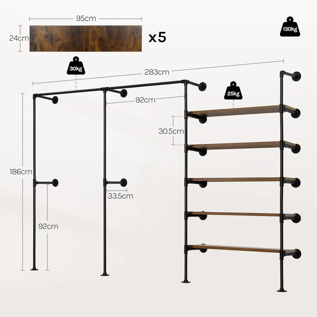 WOLTU Wall Mounted Open Wardrobe with 1&5 MDF Shelves Steel Tube Clothes Rail Industrial Style Coat Rack for Cloakroom Bedroom