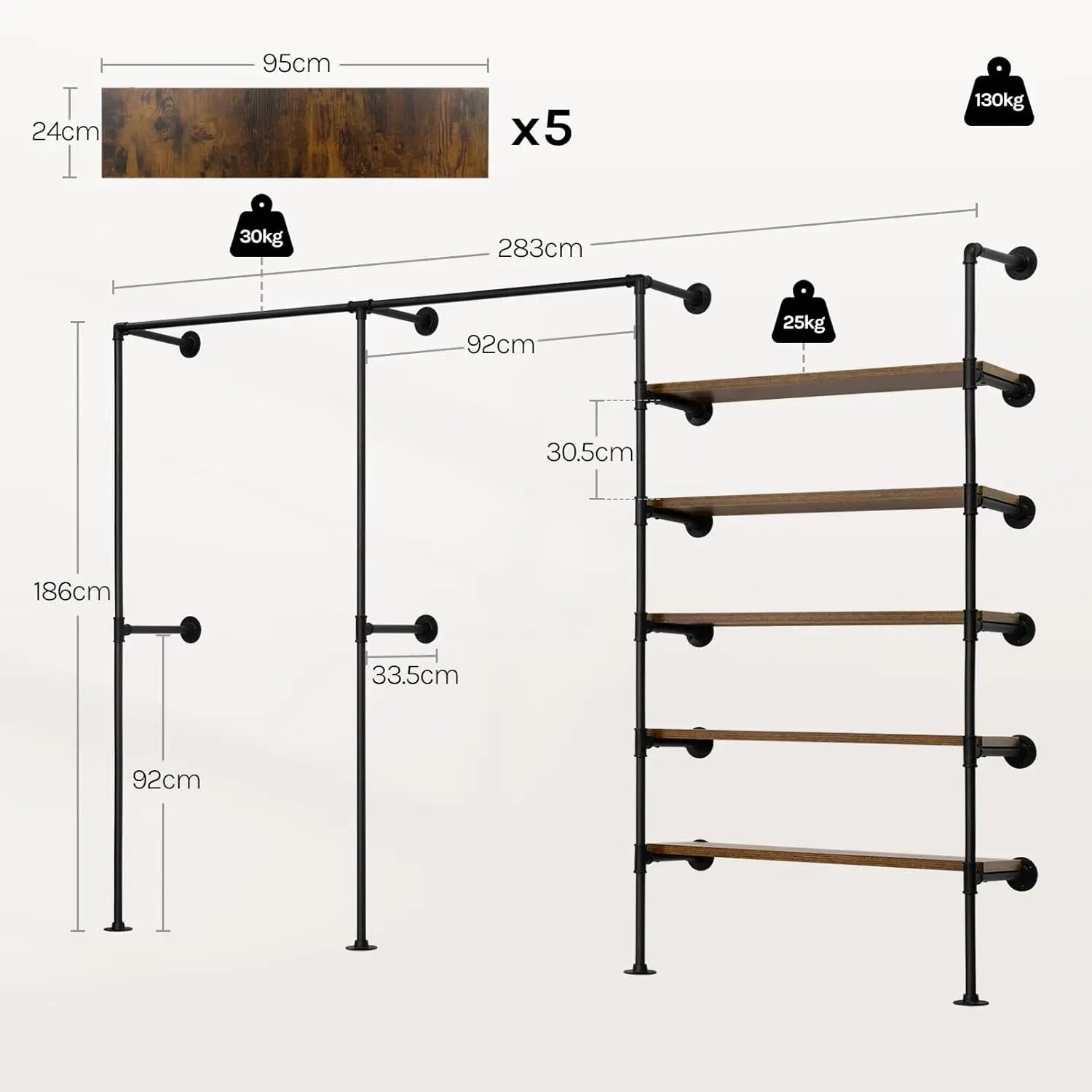 WOLTU Wall Mounted Open Wardrobe with 1&5 MDF Shelves Steel Tube Clothes Rail Industrial Style Coat Rack for Cloakroom Bedroom
