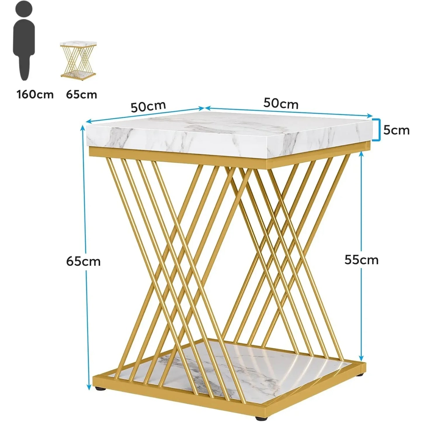 Square End Table White Gold 2-Tier Side Table Modern Small Bedside Table with Storage for Couch ( Faux Marble White+Gold)