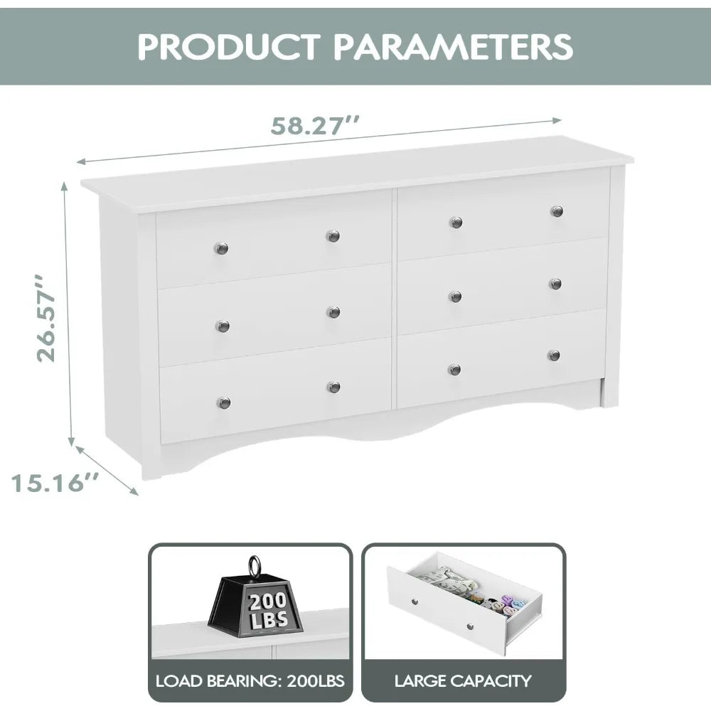 Dresser for Bedroom with 6 Drawer, Wood Wide Chest Storage Organizer and TV Stand for Living Room, Hallway, Dormitory