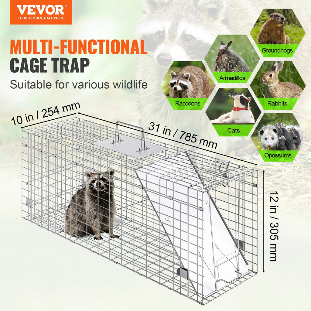 VEVOR 24/31/42/50in Live Animal Cage Trap Folding Humane Cat Trap Galvanized Iron with Handle for Rabbits Squirrels Groundhogs