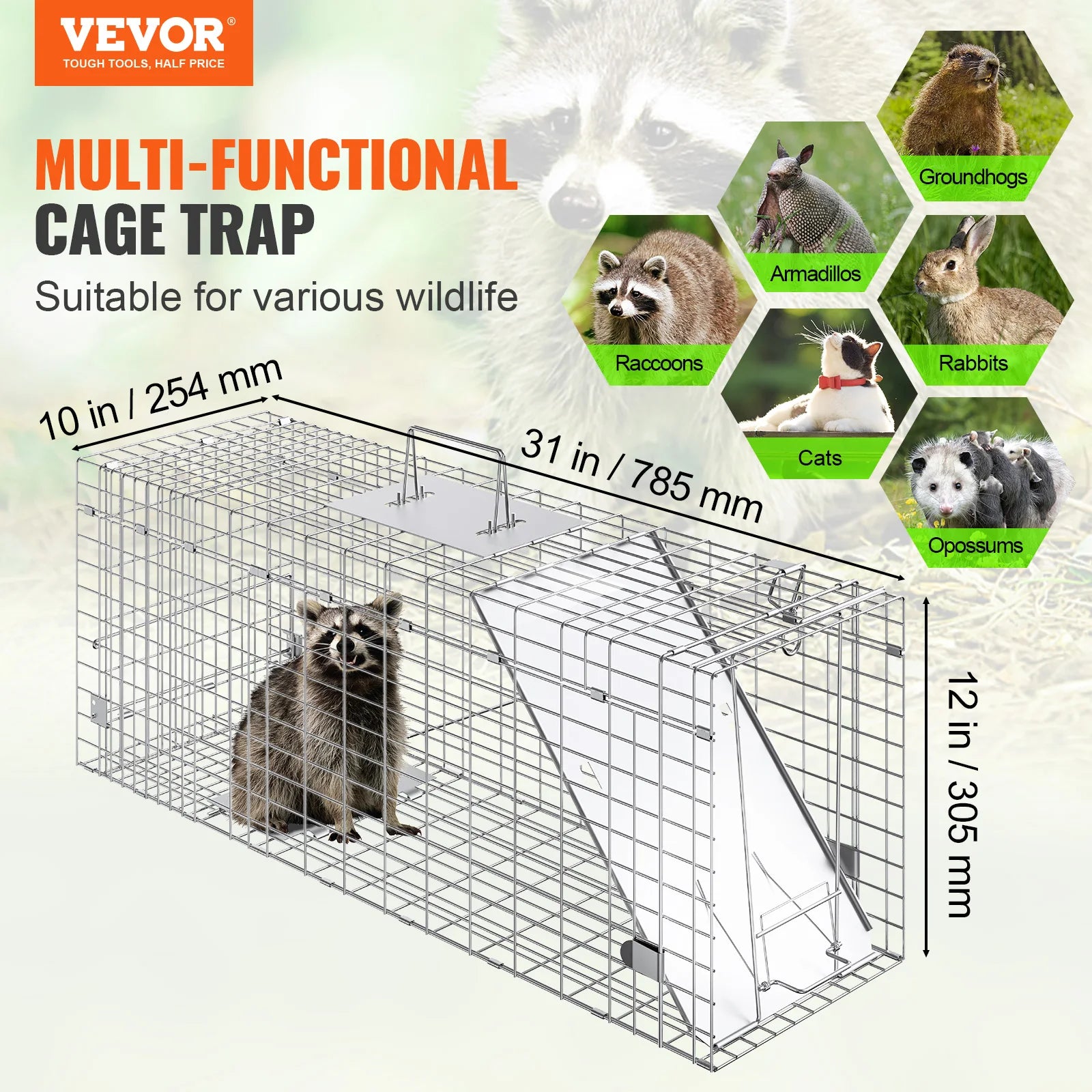 VEVOR 24/31/42/50in Live Animal Cage Trap Folding Humane Cat Trap Galvanized Iron with Handle for Rabbits Squirrels Groundhogs