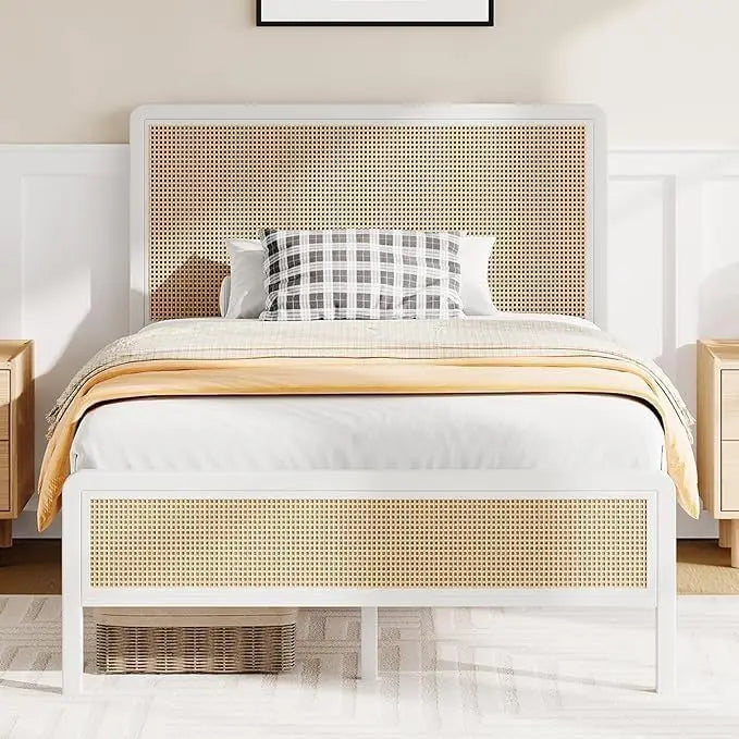 Rattan Queen Bed Frame with Headboard, Metal Platform Bed Frame Queen Size, Strong Steel Slats Support, No Box Spring Needed