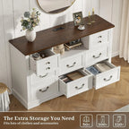 55 Inch 8 Drawers Dresser, Wide Rustic Wood Dressers & Chest of Drawers for Bedroom, Hallway with Power Outlets and LED Lights