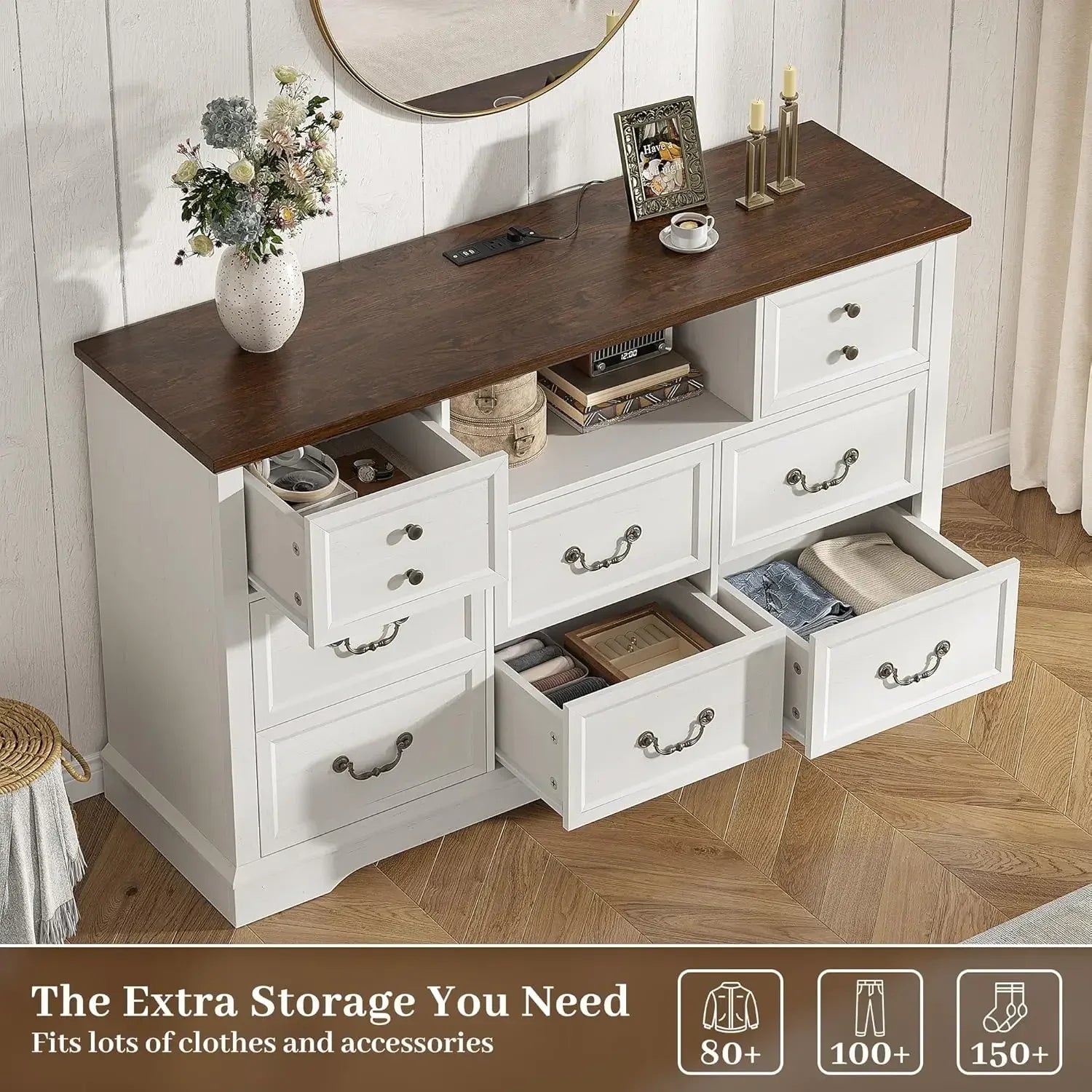 55 Inch 8 Drawers Dresser, Wide Rustic Wood Dressers & Chest of Drawers for Bedroom, Hallway with Power Outlets and LED Lights