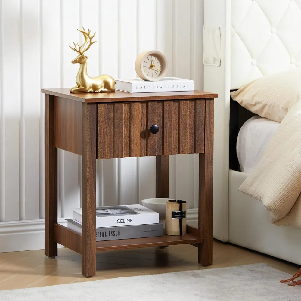 Wood Nightstand, 21.65" H Bedside Table with Wide Fluted Finish, Modern Night Stands with Drawer, Mid Century End Table